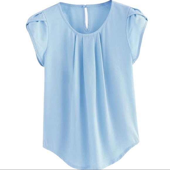 Tops - Light Blue Top, Short Sleeved Work Blouse
